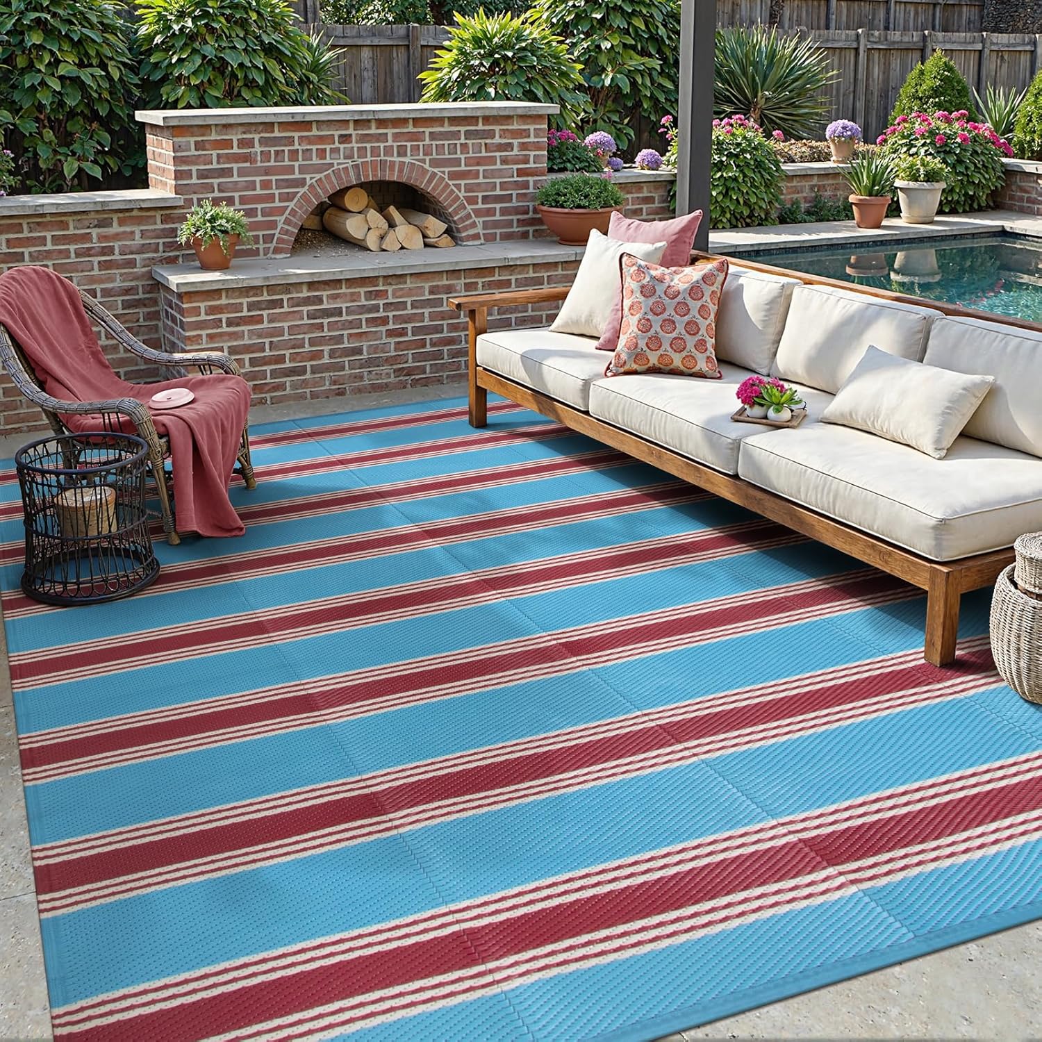 Outdoor Camping Rugs 8X10 - Striped Outdoor Rug 8x10 Patio Waterproof,