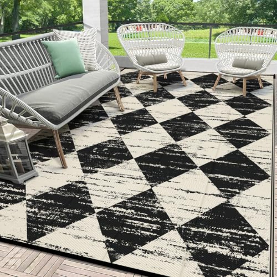 Outdoor Camping Rugs 8X10 - Outdoor checkered rug, waterproof plastic straw,